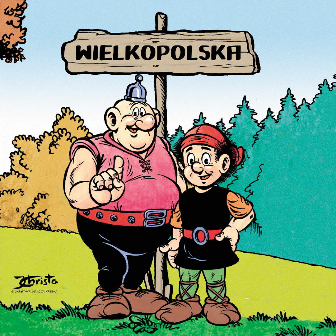 Ilustracja komiksowa przedstawiająca dwie postacie stojące na trawie obok drewnianego drogowskazu z napisem „Wielkopolska”. Pierwsza postać ma krępą sylwetkę, nosi hełm, różową koszulę i szeroki pas, a jedna dłoń jest uniesiona w geście jakby wyjaśniania czegoś. Druga postać stoi obok, ubrana w ciemną tunikę z czerwonym pasem, zielone spodnie i buty z wiązaniami. W tle znajdują się drzewa i jasne, słoneczne niebo. W prawym dolnym rogu widnieje podpis autora ilustracji.