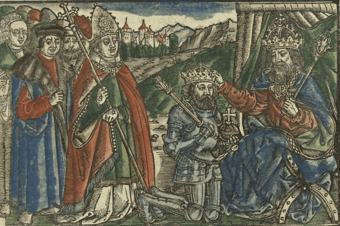 rycina przedstawiająca scenę nałożenia korony przez Ottona III na głowę Bolesława Chrobrego