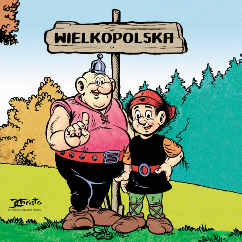 rysunkowe postaci wojów - Kajko i Kokosz - przy drewnianym drogowskazie z napisem WIELKOPOLSKIE