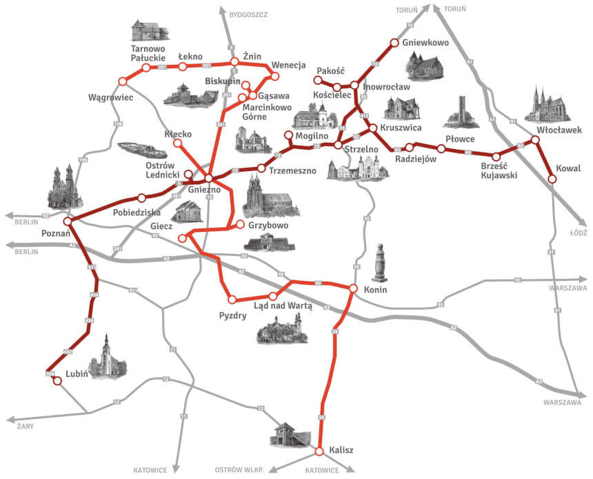 Mapka z przebiegiem nowego Szlaku Piastowskiego