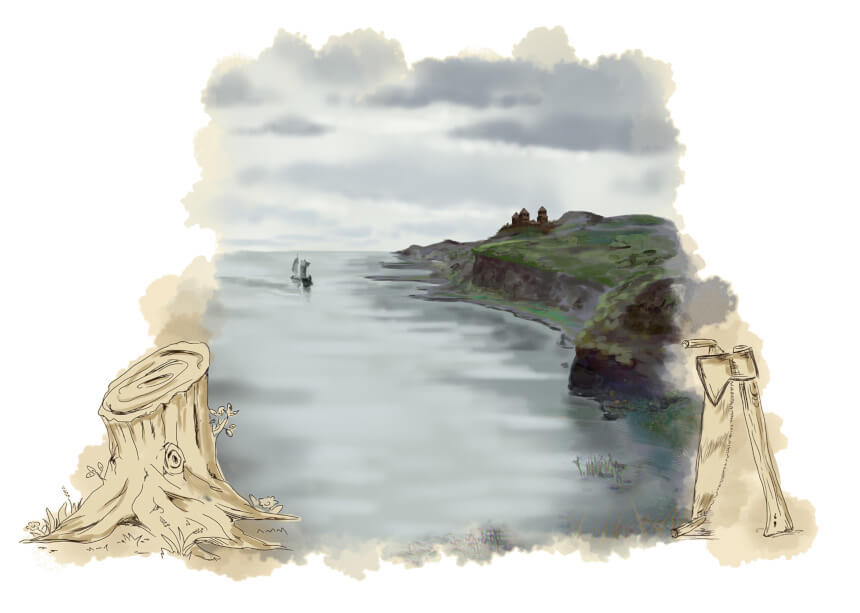 Ilustracja do legendy: "Wybór padł na Kruszwicę nad jezioram Gopłem, otoczoną wokół nieprzebytymi borami, moczarami i siecią drobnych jezior. Było to istotnie miejsce nie do zdobycia dla wrogów." (autor: Dominik Płóciennik)