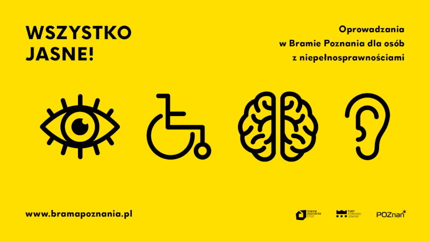 baner akcji "Wszystko jasne! Oprowadzanie dla osób z niepełnosprawnością ruchową" - czarne ikony na żółtym tle (bramapoznania.pl)
